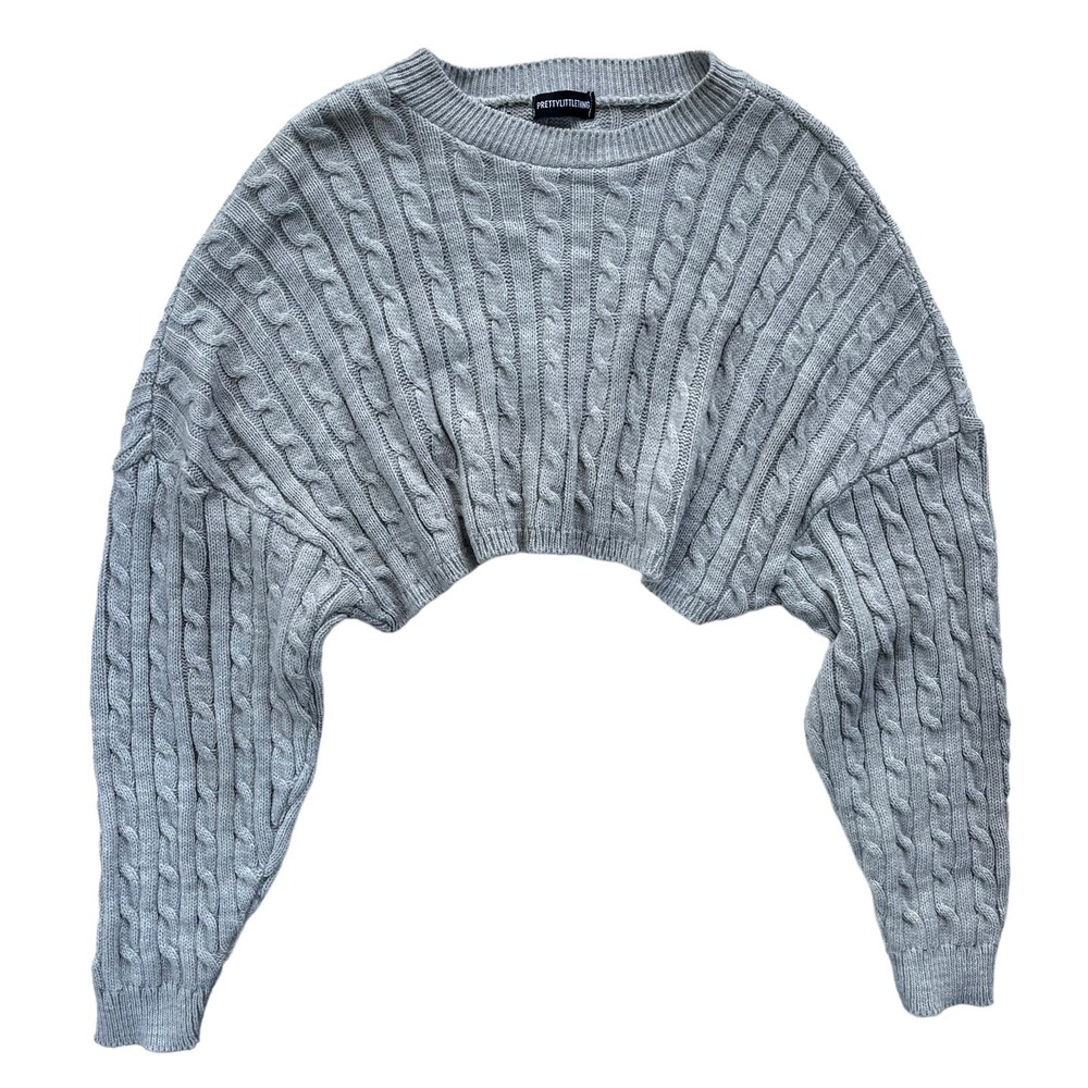 PrettyLittleThing Women S/M Gray Cable Knit Crewneck Long Sleeve Cropped Sweater